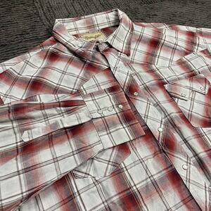 Wrangler Men's XL Western Snap Shirt Red White Plaid Pearl Snap Cowboy Rodeo